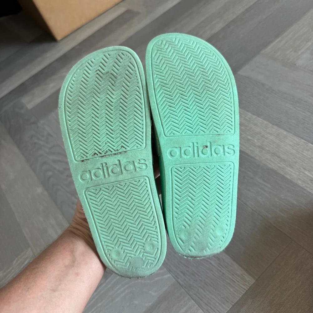 Adidas Adilette Shower Slides Mint Green White Stripes Orange Logo US 3 Kids